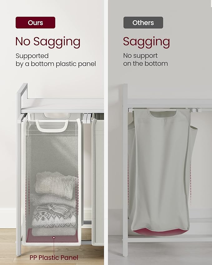 VASAGLE Laundry Hamper, Laundry Basket, Laundry Sorter with 3 Pull-Out and Removable Bags, Shelf, Metal Frame, 3 x 10.6 Gallons (40 L), 36.4 x 13 x 28.4 Inches, Cream White and Cloud White UBLH301W01