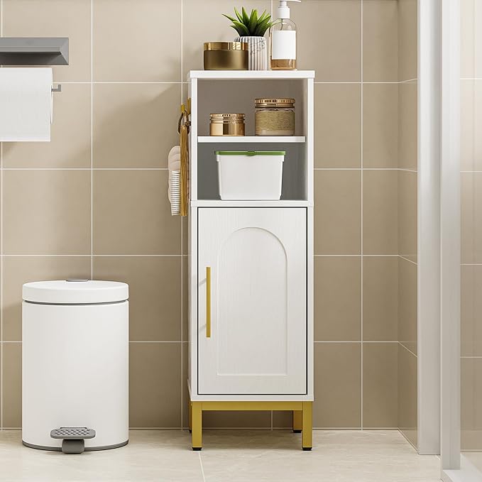 Bathroom Storage Cabinet, Corner Floor Cabinet with Door & Shelves, 2Hooks, Small Narrow Storage Organizer, Toilet Paper Cabinets for Small Space, White SC06313G