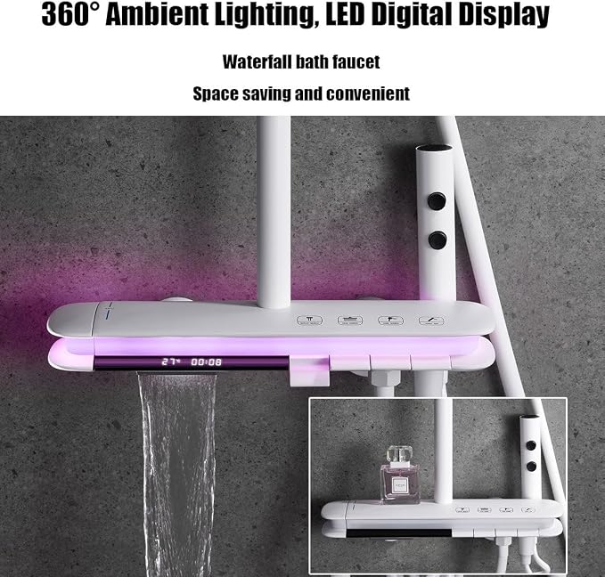 BEITH Thermostatic Shower System, 4 Piano Keys Shower Faucet Set, 31x20cm Square Shower Set, Digital Display, 360° LED Ambient Light, Hydroelectric Power, with Bathtub Faucet, Booster Spray Gun