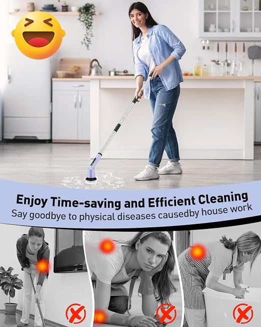 Electric Spin Scrubber, Waterproof Cordless Bathroom Shower Cleaner Brush | 8 Replaceable Brush Heads, 90Mins Runtime, 4 Adjustable Size, 2 Speeds for Shower Bathroom Bathtub Toilet Kitchen Glass Car