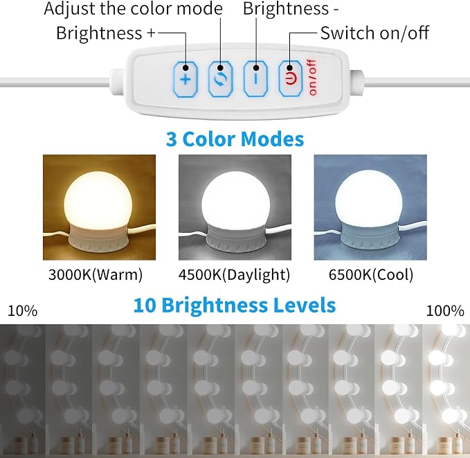 LED Vanity Mirror Lights with 14 Dimmable Bulbs, 3000K 4500K 6500K & 10 Brightness Levels Adjustable, Plug in USB Cable, Hollywood Style Stick On Mirror Lights for Makeup Desk Bathroom Dressing Room