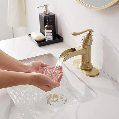 Gold Bathroom Faucet Waterfall Bathroom Sink Faucets Brass with Pop Up Drain Stopper Single-Handle 1 Hole Faucet