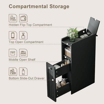 ChooChoo Slim Bathroom Storage Cabinet with Slide Out Drawers | Narrow Storage Organizer with Hidden Storage, Freestanding Toilet Paper Holder, Bathroom Cabinet for Small Places, Black