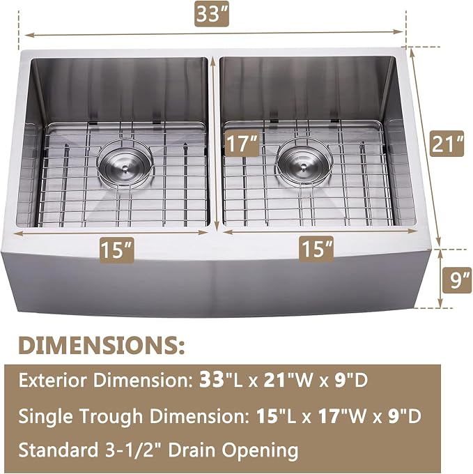 33 Inch Double Bowl Divided 50/50 Farmhouse Sink, 33x21 Stainless Steel Undermount Apron Front Farm Kitchen Sink