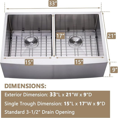 33 Inch Double Bowl Divided 50/50 Farmhouse Sink, 33x21 Stainless Steel Undermount Apron Front Farm Kitchen Sink