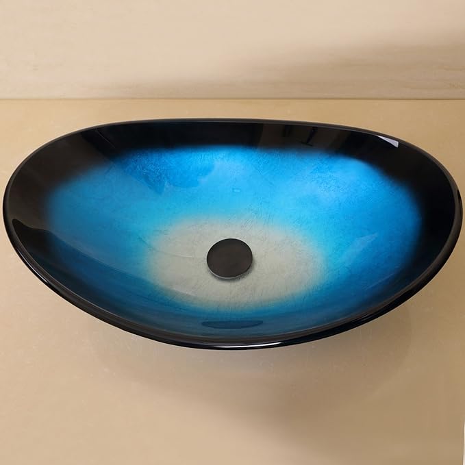 wonline Bathroom Oval Tempered Glass Vessel Sink with Oil Rubbed Bronze Faucet and Drain Combo Black and Blue Boat