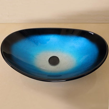 wonline Bathroom Oval Tempered Glass Vessel Sink with Oil Rubbed Bronze Faucet and Drain Combo Black and Blue Boat