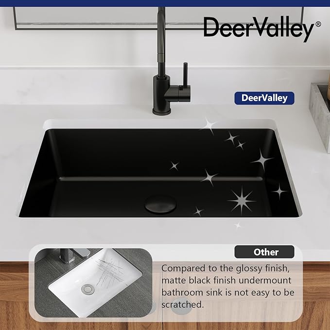 DeerValley 20x16 Inch Black Rectangular Undermount Bathroom Sink, Porcelain Ceramic Vessel Sink with Overflow, Modern Vanity Basin, DV-1U201B