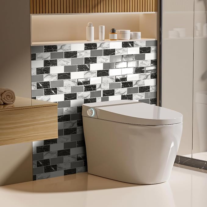 Art3d 10-Pack Marble Wall Tiles Peel and Stick Backsplash, Black White Grey | 12 x 12 Inch, Thickened Design, No Warping, Durable, Self-Adhesive, for Kitchen, Bedroom Decor, Ideal for New Home Buyers