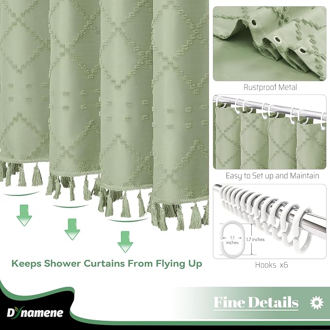 Stall Boho Shower Curtain Tufted Geometric 36"x72" Sage Green | Narrow Half Size, Elegant Tassel, Lightweight Textured Fabric, Water Repellent, Washable, for Small Bathroom/Dorm 6 Hooks