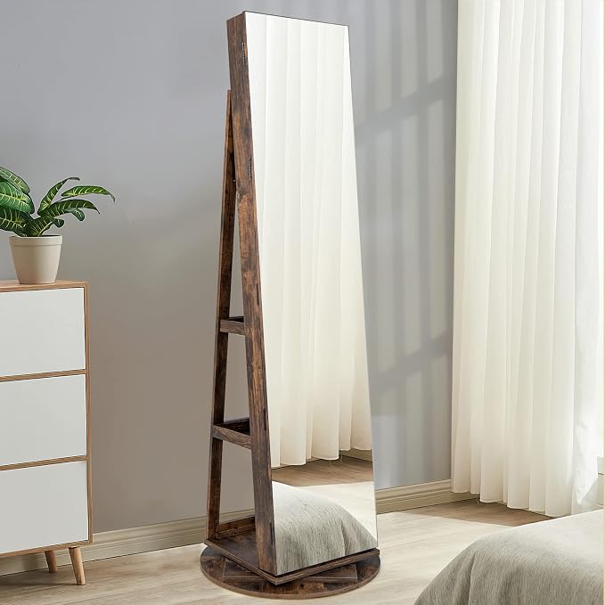 CHARMAID 360° Swivel Jewelry Armoire with Full Length Mirror, Rear Storage Shelves, Lockable Standing Jewelry Cabinet Organizer with Interior Vanity Mirror and 3-Color Lights (Rustic Brown)