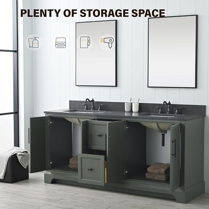 Vanity Art 72 Inch Double Sink Bathroom Vanity with Ceramic Sink and Stone Top | Undermount Rectangular Cabinet with Soft Closing Doors, Dovetailed Drawers, No Mirror VA5072-DVG