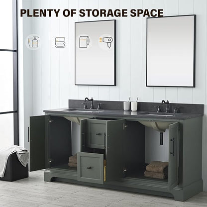 Vanity Art 72 Inch Double Sink Bathroom Vanity with Ceramic Sink and Stone Top | Undermount Rectangular Cabinet with Soft Closing Doors, Dovetailed Drawers, No Mirror VA5072-DVG