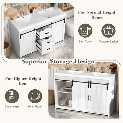 48 inch Bathroom Vanity with Sink,Farmhouse Bathroom Vanity,Double Bathroom Vanity with Sink Combo,2 Sliding Doors&2 Drawer,White,48”*19.7“*35.5”