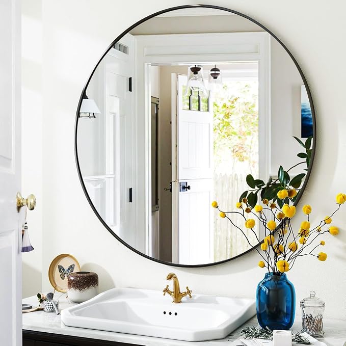 Black Round Bathroom Mirror 30", Thin Metal Frame Wall Mirror | Circle Vanity Mirror for Over Sink, Hanging or Leaning Decor for Hallway, Entryway, Fireplace Mantel, Living Room