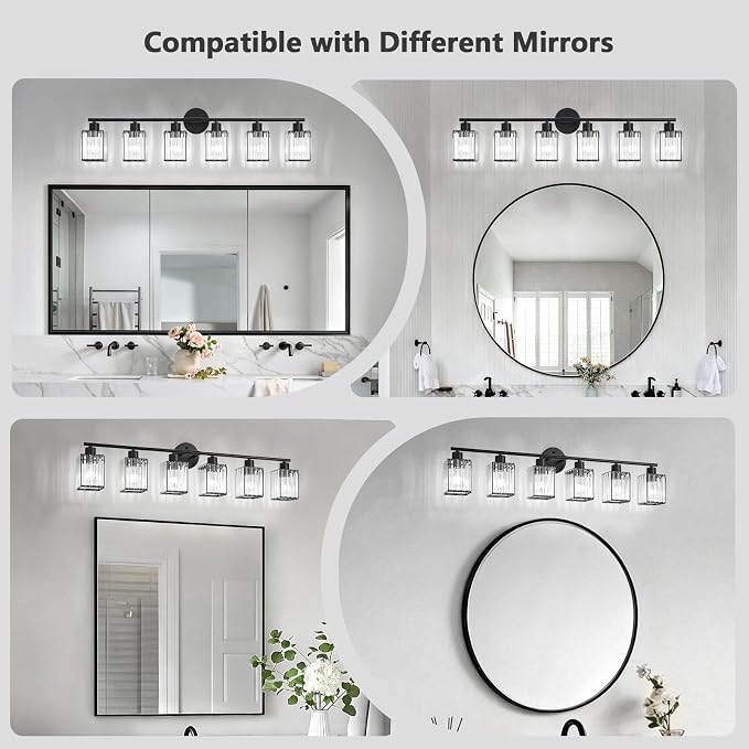 6 Light Bathroom Light Fixtures, Modern Crystal Vanity Lights over Mirror | Metal Frame, Bathroom Light with Square Crystal Shade, ETL Certified, E26 Ceramic Socket, Bulbs Not Included