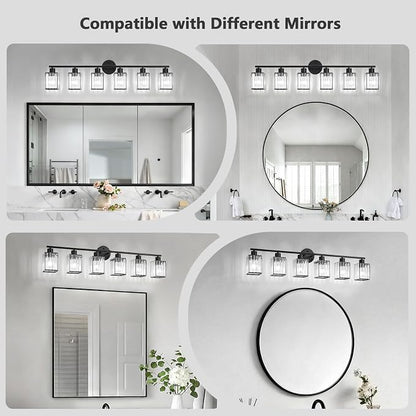 6 Light Bathroom Light Fixtures, Modern Crystal Vanity Lights over Mirror | Metal Frame, Bathroom Light with Square Crystal Shade, ETL Certified, E26 Ceramic Socket, Bulbs Not Included