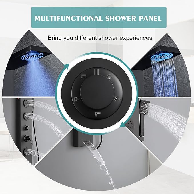 Matte Black Shower Panel for Bathroom - 5 In 1 Full Body Shower Tower With Led, Rainfall Shower Head With Powerful Body Jets, Handheld Shower And Tub Spout