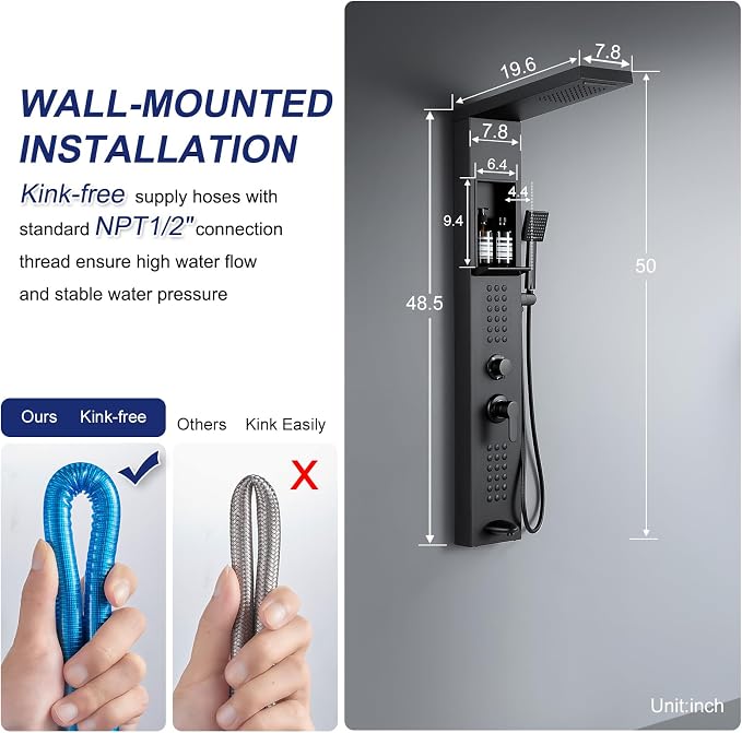 5 in 1 Rainfall Waterfall Shower Panel Tower with Shelf, Matte Black | Stainless Steel Shower Column with Powerful Body Jets, Flexible Handheld Shower and Tub Spout