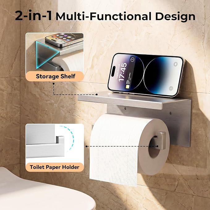 5-Piece Bathroom Hardware Set, 23.6 Inch Towel Bar Set SUS304 Stainless Steel Towel Racks for Bathroom Round Towel Bar, Towel Ring, Toilet Paper Holder, 2 Robe Hooks, Wall Mounted (Brushed Nickel)