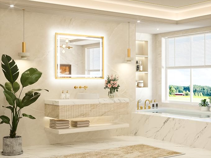 40 x 32 Led Mirror Brushed Gold Metal Frame Frontlit & Backlit Vanity Mirror Anti-Fog Stepless Dimmable 3 Colors White/Warm/Natural Wall Mirror with Lights Wall-Mounted