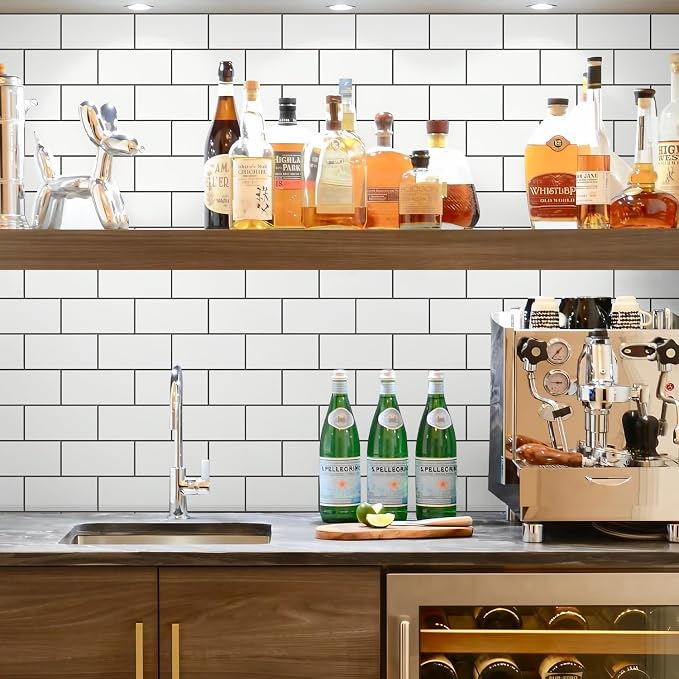 STICKGOO Peel and Stick Backsplash on Subway Tile, Polished White | 10 Sheets Aluminium Composite Self Adhesive Tiles, Faux Ceramic Look, Waterproof, Stick on Tiles for Vanities, Kitchen