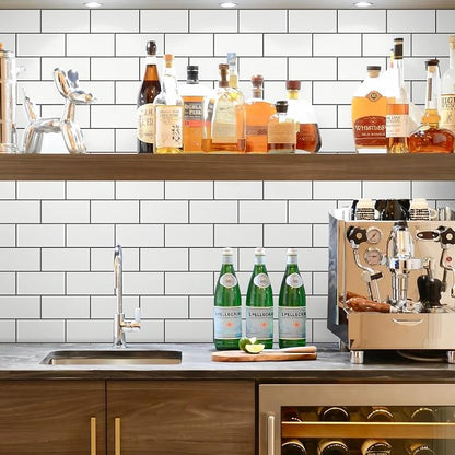 STICKGOO Peel and Stick Backsplash on Subway Tile, Polished White | 10 Sheets Aluminium Composite Self Adhesive Tiles, Faux Ceramic Look, Waterproof, Stick on Tiles for Vanities, Kitchen