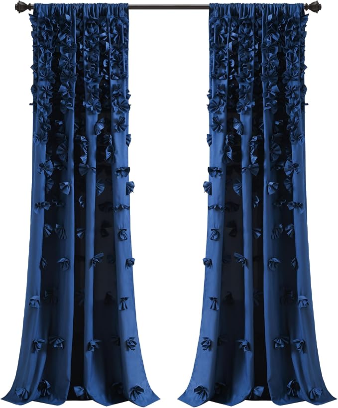 Lush Decor Riley Light Filtering Window Curtain Panel, Single 54" W x 95" L, Navy - Cute Blue Curtains for Bedroom - Bow Decor - Coquette Curtains for Windows