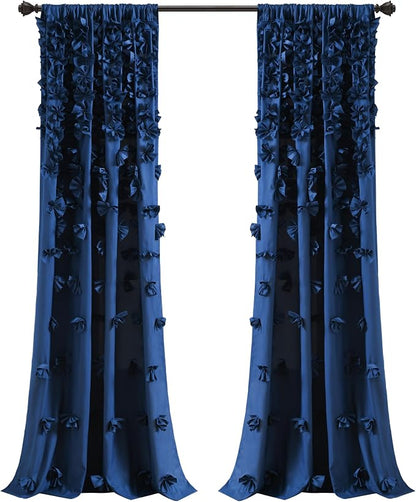Lush Decor Riley Light Filtering Window Curtain Panel, Single 54" W x 95" L, Navy - Cute Blue Curtains for Bedroom - Bow Decor - Coquette Curtains for Windows