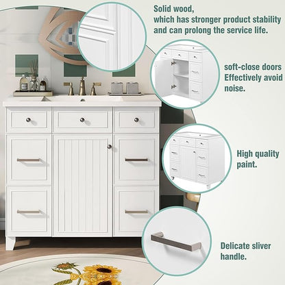 LUMISOL 36" Bathroom Vanity with Sink Top, Modern Bathroom Vanity with 3 Drawers & Cabinet, Solid Wood Bathroom Cabinet with Undermount Basin, White