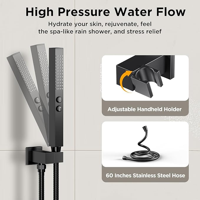 Shower Faucet Sets Matte Black Shower System,STARBATH 4 Way 12+6" Dual Head Shower Set Complete with 2 in 1 Handheld,Wall Mounted Rainfall Shower Head with 4 Body Spray Jets, Shower Jets System