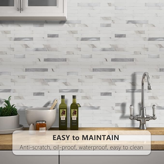 STICKGOO Peel and Stick Backsplash,PVC Wall Tiles Stick on Backsplash for Kitchen(1 Sheet, Statuario White with Metal Silver)