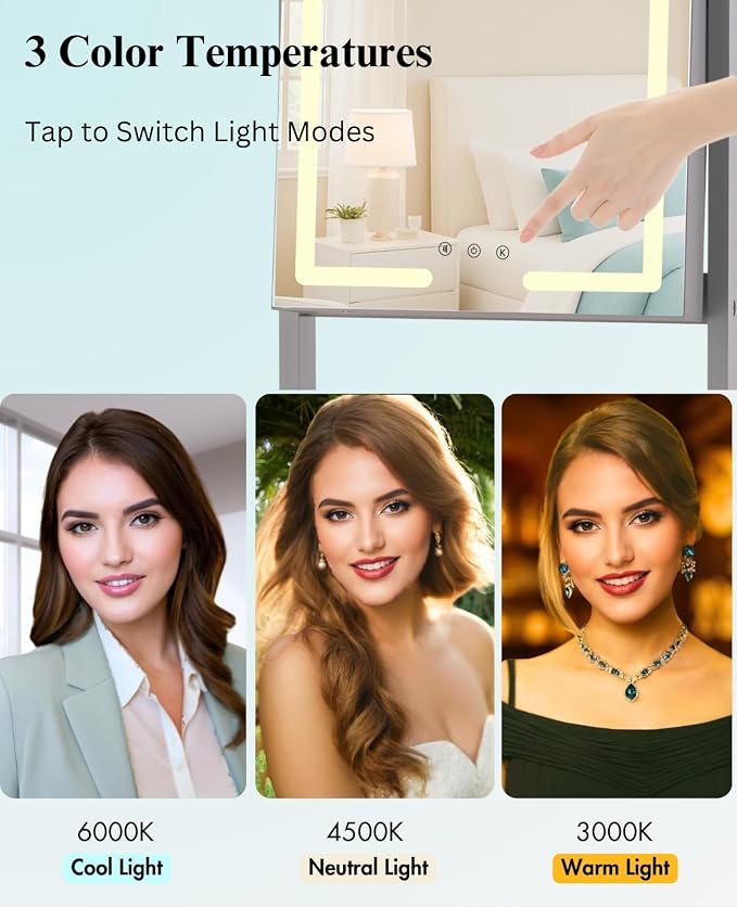 LUXFURNI Standing Jewelry Armoire Cabinet with Full‑Length Mirror Storage | 3‑Color LED Lights, 3 Brush Holders, 3 Adjustable Tilt Angles, True‑to‑View Glass, USB‑Powered Supply, Lockable Design