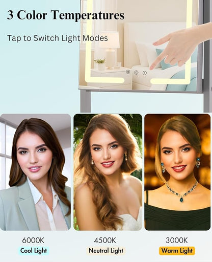 LUXFURNI Standing Jewelry Armoire Cabinet with Full‑Length Mirror Storage | 3‑Color LED Lights, 3 Brush Holders, 3 Adjustable Tilt Angles, True‑to‑View Glass, USB‑Powered Supply, Lockable Design