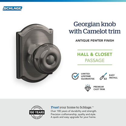 SCHLAGE F10 GEO 620 CAM Camelot Collection Georgian Passage Knob, Antique Pewter