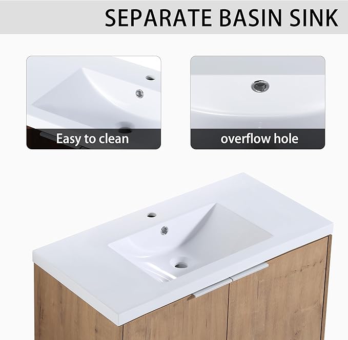 SSLine 84-Inch Double Sink Vanity Modern Wall Mounted Bathroom Vanity with Double Sink 84" Large Floating Bathroom Vanities Set with White Open Storage Shelf & 1 Side Cabinet,Brown White
