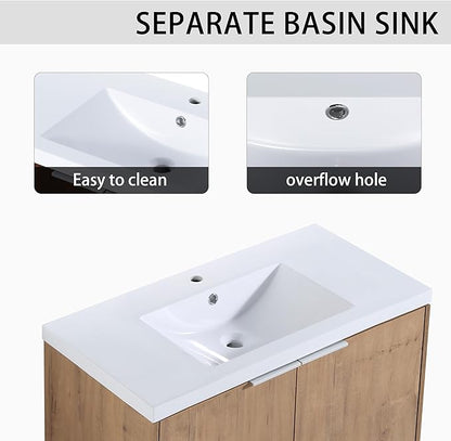 SSLine 84-Inch Double Sink Vanity Modern Wall Mounted Bathroom Vanity with Double Sink 84" Large Floating Bathroom Vanities Set with White Open Storage Shelf & 1 Side Cabinet,Brown White