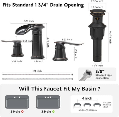 BWE Waterfall Bathroom Faucet, Oil Rubbed Bronze 8 Inch Widespread Bathroom Sink Faucet Two-Handle Waterfall with Pop-up Drain, for Vanity, Lavatory Sink