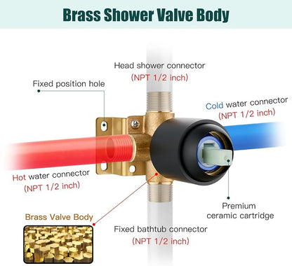 Heyalan 6 Inch Shower Faucet Set with Tub Spout and Valve,Matte Black | 6-inch square rainfall head, tub spout with diverter, male-thread rough-in valve, single-handle control and wall-mount design