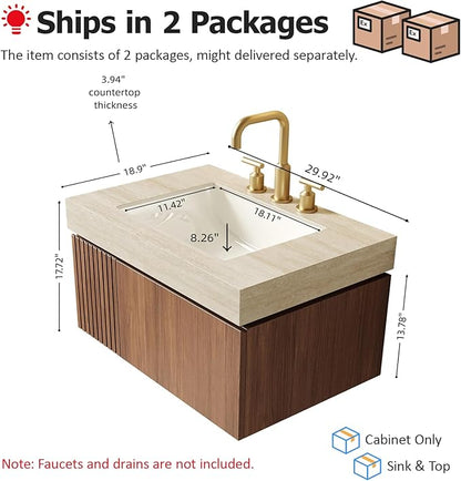 30 Inch Floating Bathroom Vanity with Sink, Plywood Bathroom Storage Cabinet with Drawer and Door, Light Yellow Sintered Stone Top with 3 Pre-drilled Faucet Holes White Basin, Pre-Assembled, Light Oak