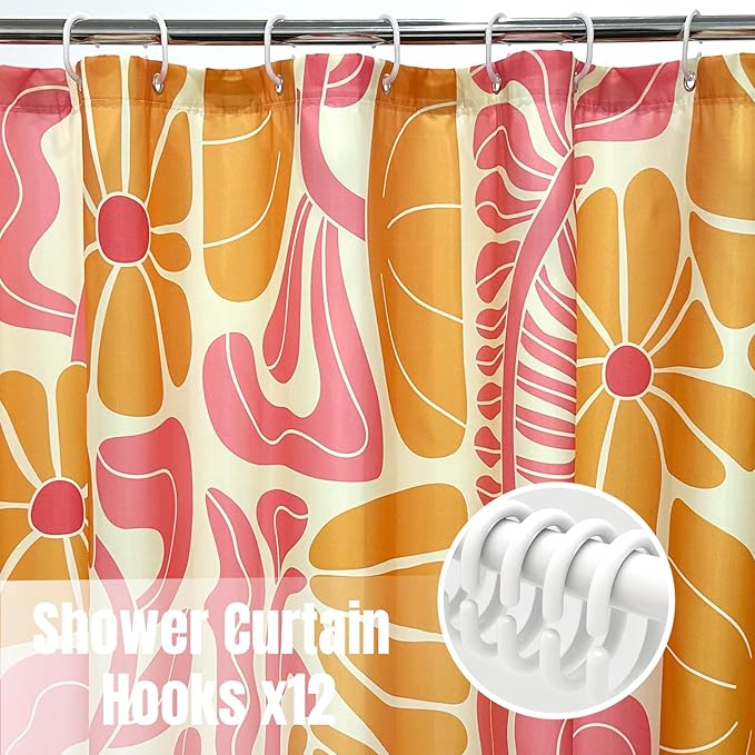Abstract Geometric Floral Shower Curtain, Cute Orange and Pink Boho Floral Pattern, Waterproof Polyester Fabric Shower Curtains Sets with Hooks for Bathroom 72x72 Inches