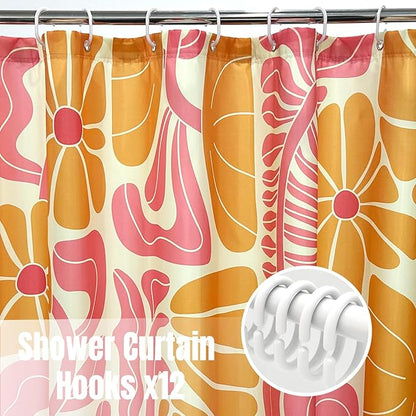 Abstract Geometric Floral Shower Curtain, Cute Orange and Pink Boho Floral Pattern, Waterproof Polyester Fabric Shower Curtains Sets with Hooks for Bathroom 72x72 Inches