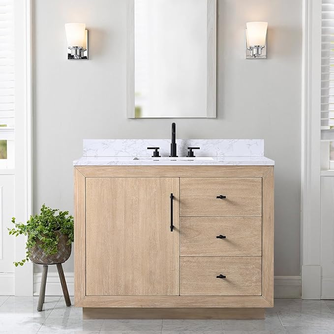 Vanity Art 42" Bathroom Vanity with Sink, Vanity Cabinet with Doors and Shelf, Modern Wood Bathroom Vanity with White Marble Top, Solid Wood Frame, 2 Right Functioning Shaker Drawer,VA70-42-LW-E