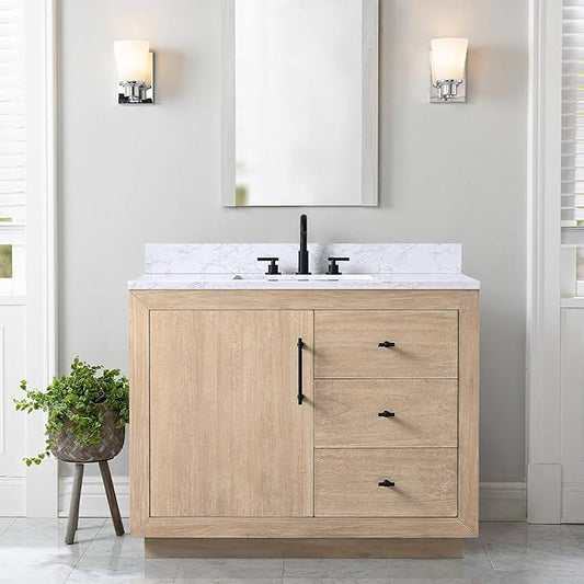 Vanity Art 42" Bathroom Vanity with Sink, Vanity Cabinet with Doors and Shelf, Modern Wood Bathroom Vanity with White Marble Top, Solid Wood Frame, 2 Right Functioning Shaker Drawer,VA70-42-LW-E