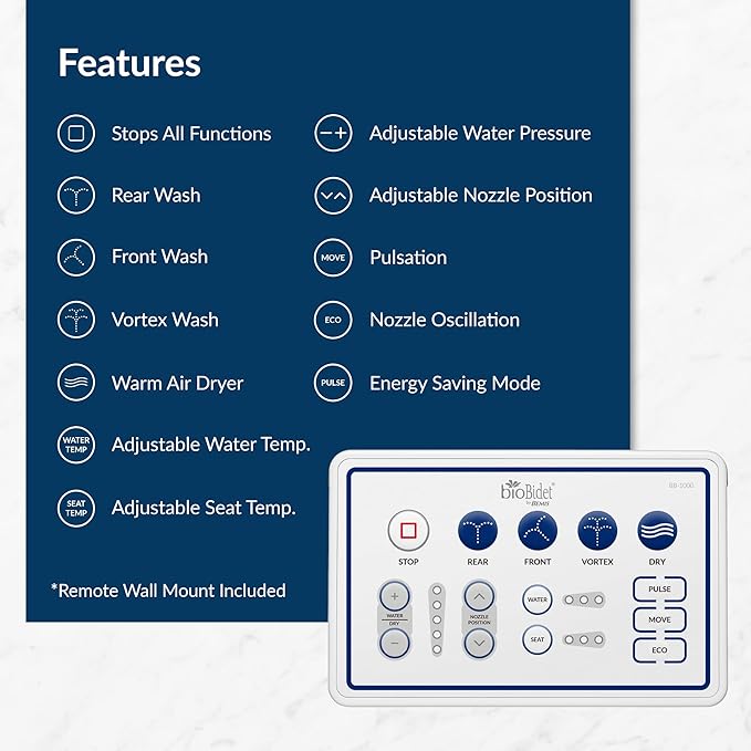 Bio Bidet Bliss BB1000 Warm Water Bidet Seat, Air Dryer, Heated Seat with Slow Close Lid, Remote Control, Round