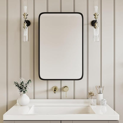 Vintage-Style Bathroom Wood Black Cabinet with 16.5''x24'' Black Metal Frame Curved Mirror, Recessed Medicine Cabinet, in Wall or Surface Mount Bathroom Storage Cabinet