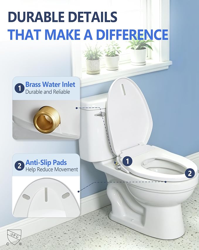 Jamini Non-Electric Bidet Toilet Seat for Elongated Toilets, Dual Nozzle Front & Rear Wash, Adjustable Water Pressure, Soft Close Seat & Lid, Self-Cleaning Nozzles, Quick Release, Brass Inlet