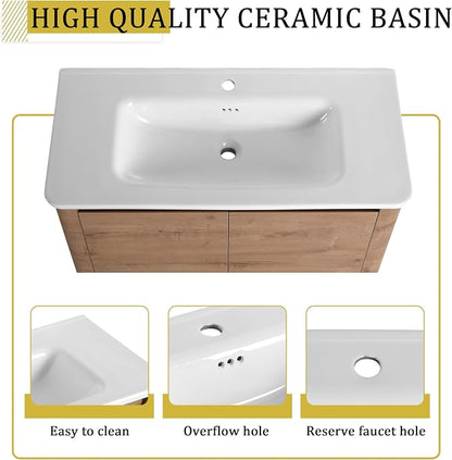 40-Inch Bathroom Vanity with Sink Mid-Century Bathroom Vanities with Top Basin Floor Wood Bathroom Sink Cabinet with Soft-Close Doors & Adjustable Storage Shelves (Brown)