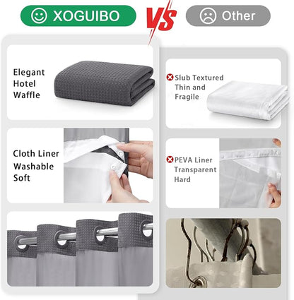 No Hook Shower Curtain with Liner Set Hotel Waffle Dark Grey 72W X 81L | Washable Snap in Fabric Liner, Mesh Top Window, Waffle Hotel Style Shower Curtain Set