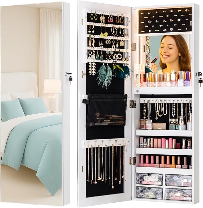 LUXFURNI Wall & Door‑Mounted Storage Jewelry Armoire Cabinet with Mirror | Built‑in LED Mirror, Acrylic Lipstick Tray, 4 Clear Drawers, Large Velvet‑Lined Storage, Wall & Door‑Mounted, Lockable